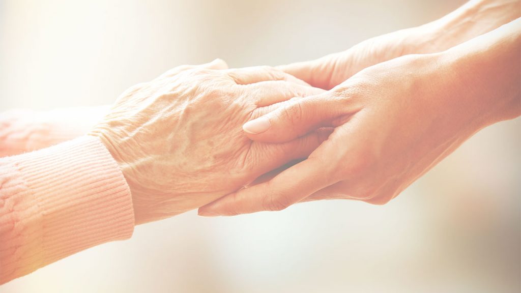 Young adult hands holding elderly ones.