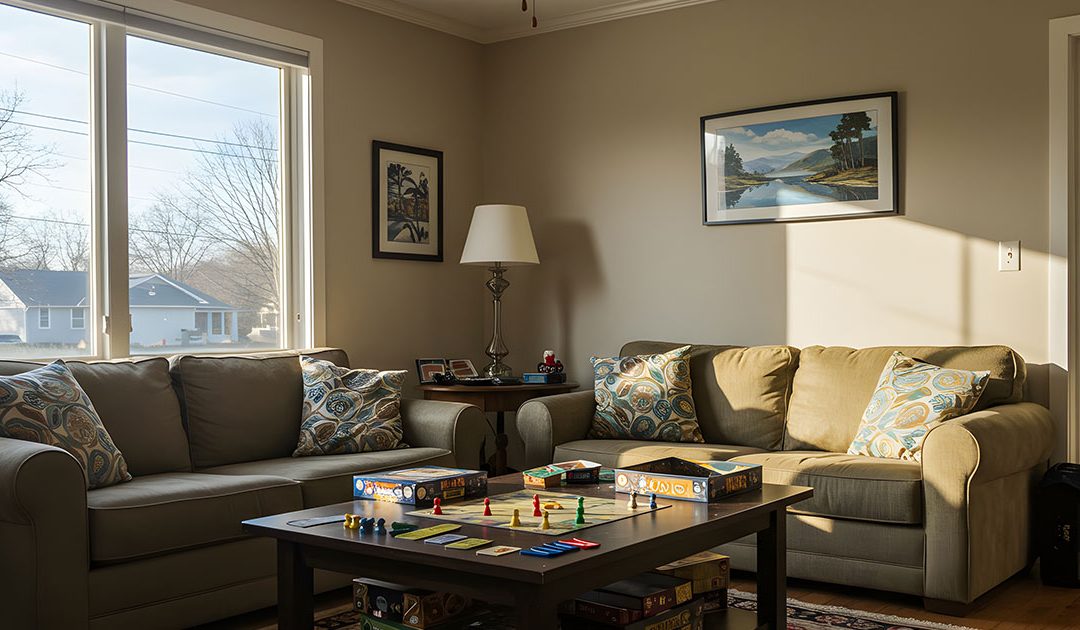 Living room with a board game on the coffee table